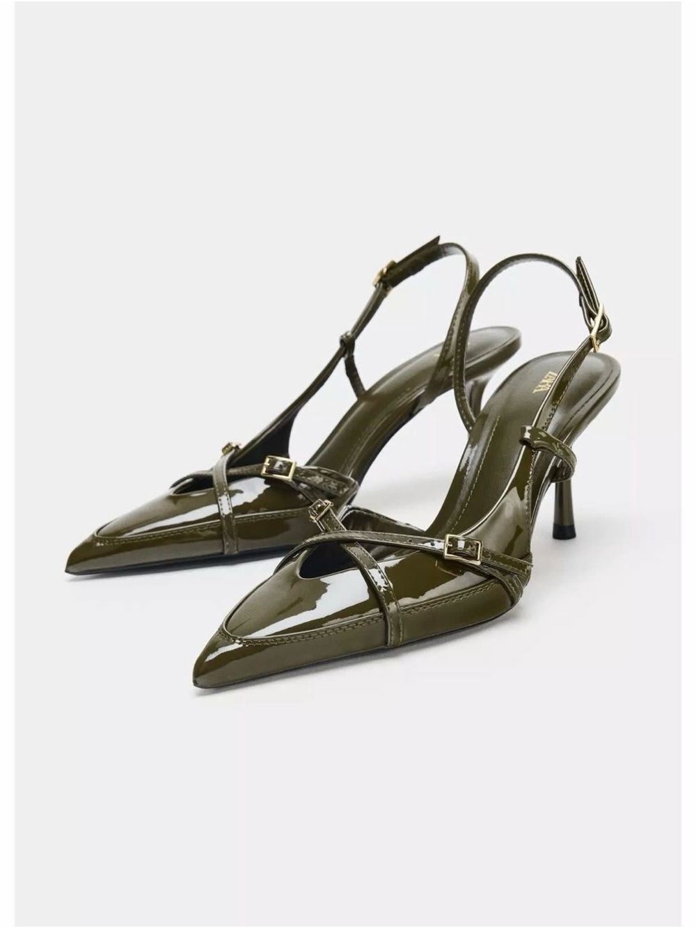 NWOT Zara Olive Green Buckled Slingback Heels Pointed Toe D'Orsay Sandals EU 38